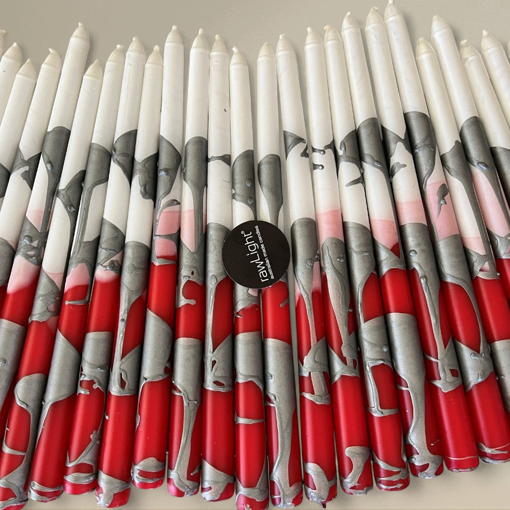 Taper candle 22x300mm splashed Christmas packet of 6