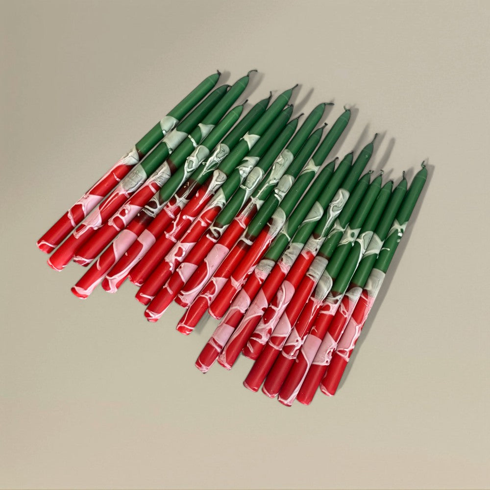 Taper candle 22x300mm splashed Christmas packet of 6