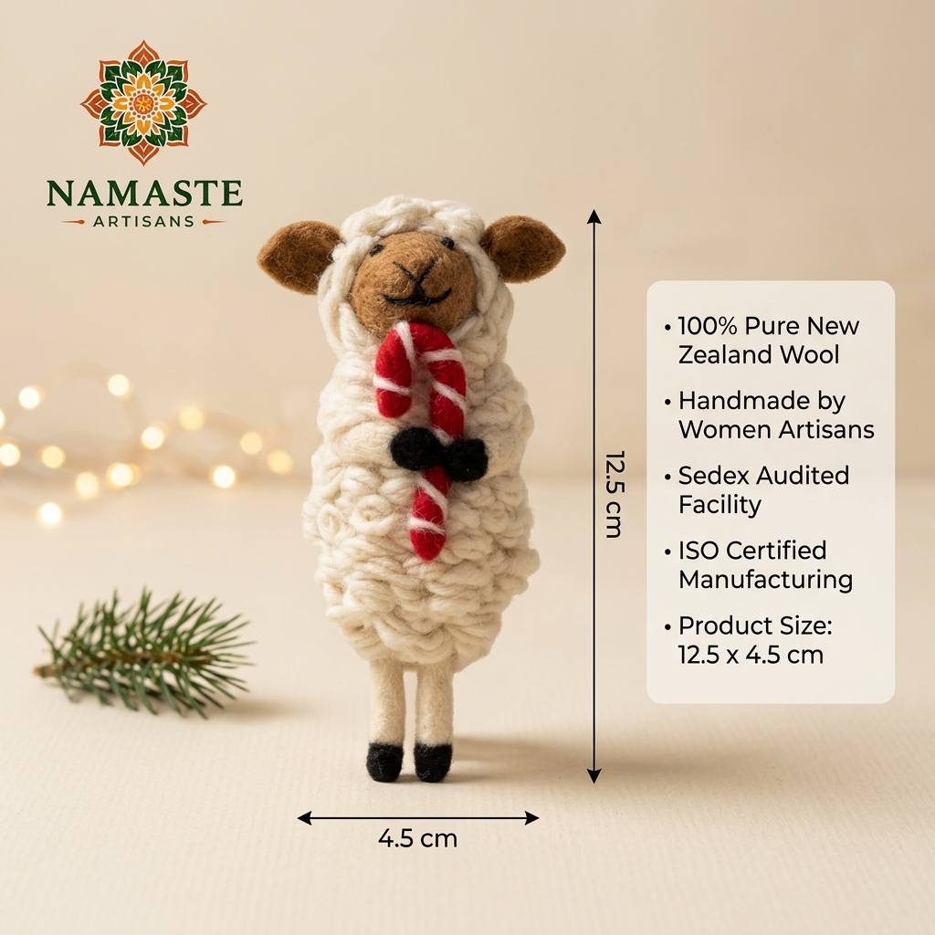 Festive Sheep with Candy Cane Wool Felt Christmas Ornament – Handmade & Shatterproof