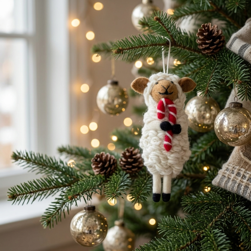 Festive Sheep with Candy Cane Wool Felt Christmas Ornament – Handmade & Shatterproof