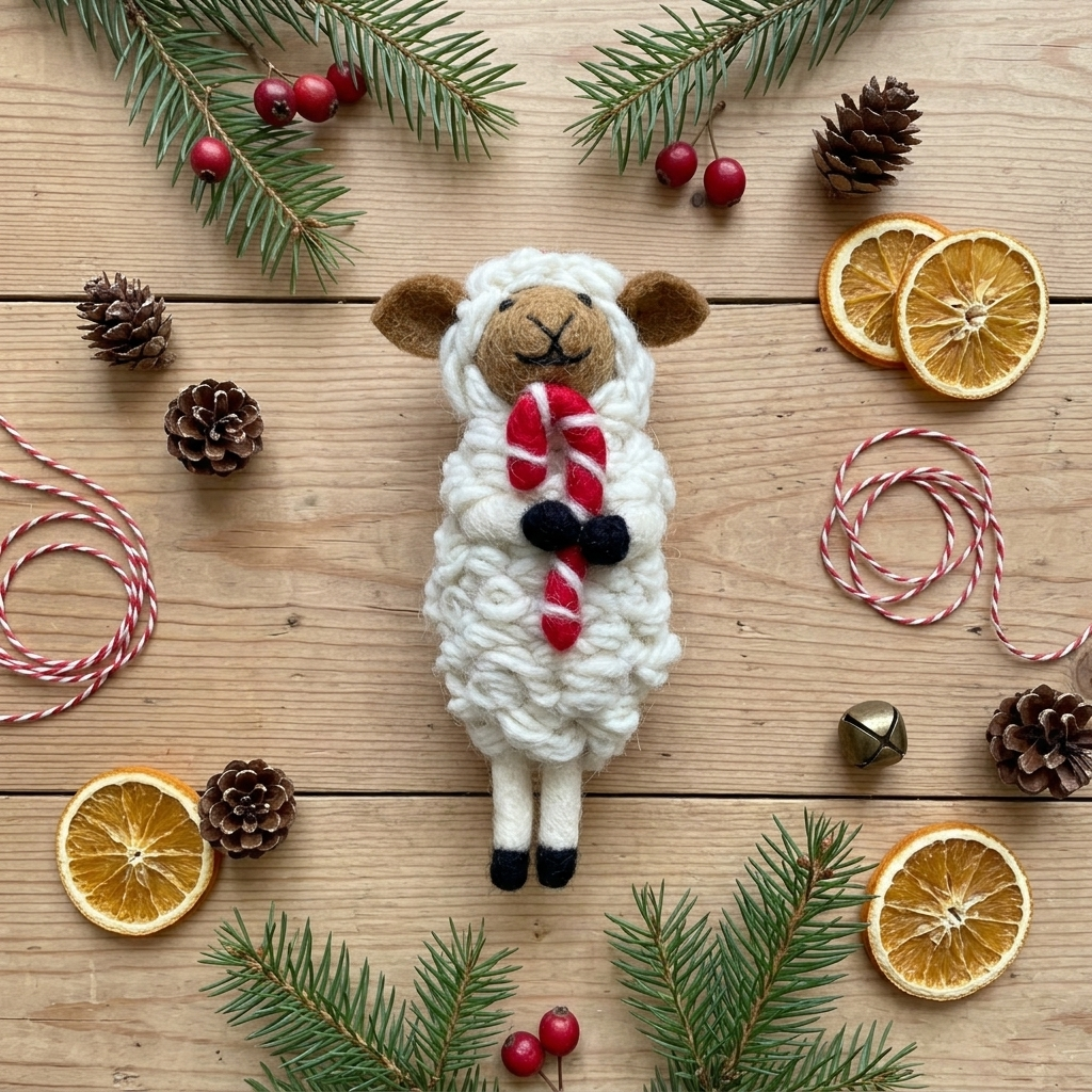 Festive Sheep with Candy Cane Wool Felt Christmas Ornament – Handmade & Shatterproof
