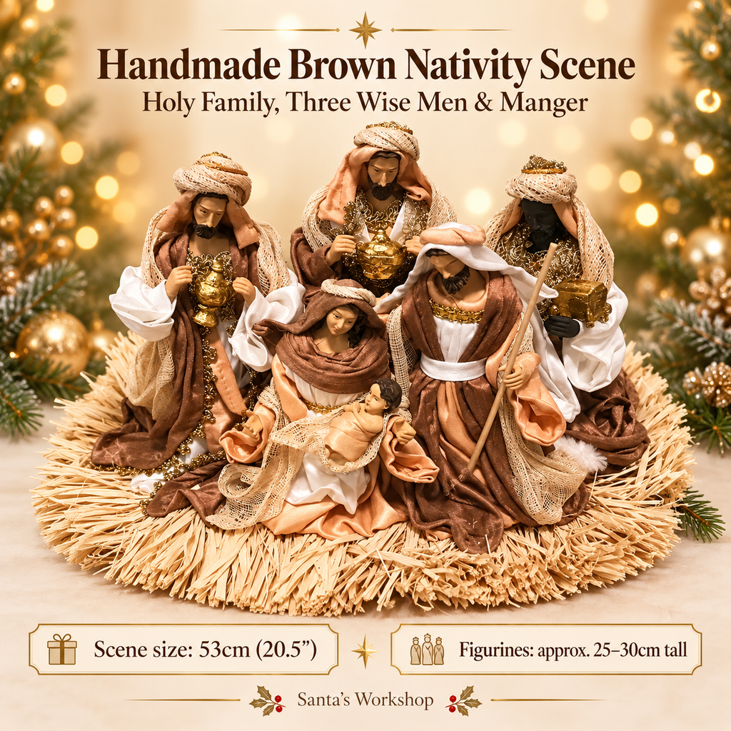 🎄 20.5" (53cm) Brown Holy Family Nativity Set with Christmas Manger – Handmade Religious Christian Christmas Scene, Holiday Home Decor & Gift ✨