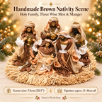 🎄 20.5" (53cm) Brown Holy Family Nativity Set with Christmas Manger – Handmade Religious Christian Christmas Scene, Holiday Home Decor & Gift ✨