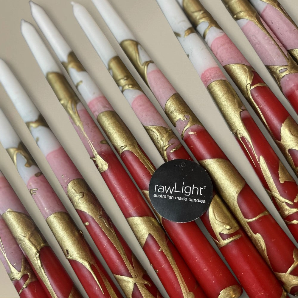 Taper candle 22x300mm splashed Christmas packet of 6