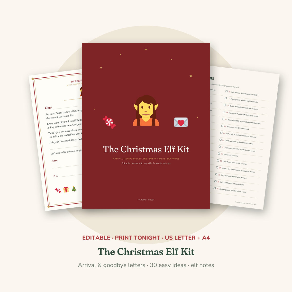 The Christmas Elf Kit – Arrival & Goodbye Letters, 30 Easy Elf Ideas & Elf Notes (Editable Printable)