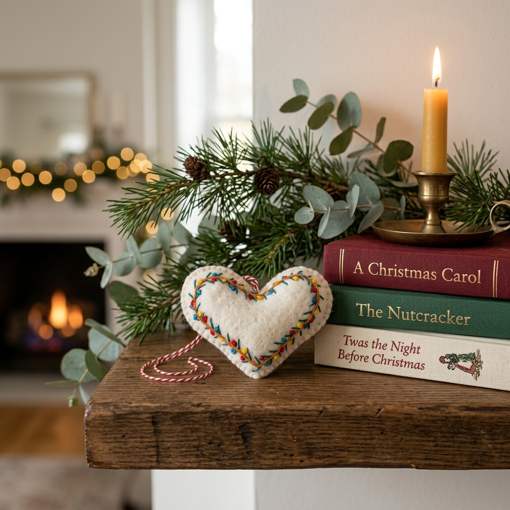 Embroidered Heart Wool Felt Christmas Ornament – Handmade & Shatterproof