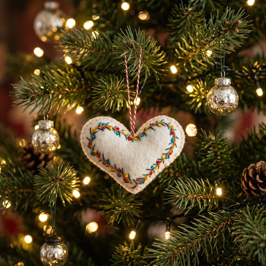 Embroidered Heart Wool Felt Christmas Ornament – Handmade & Shatterproof