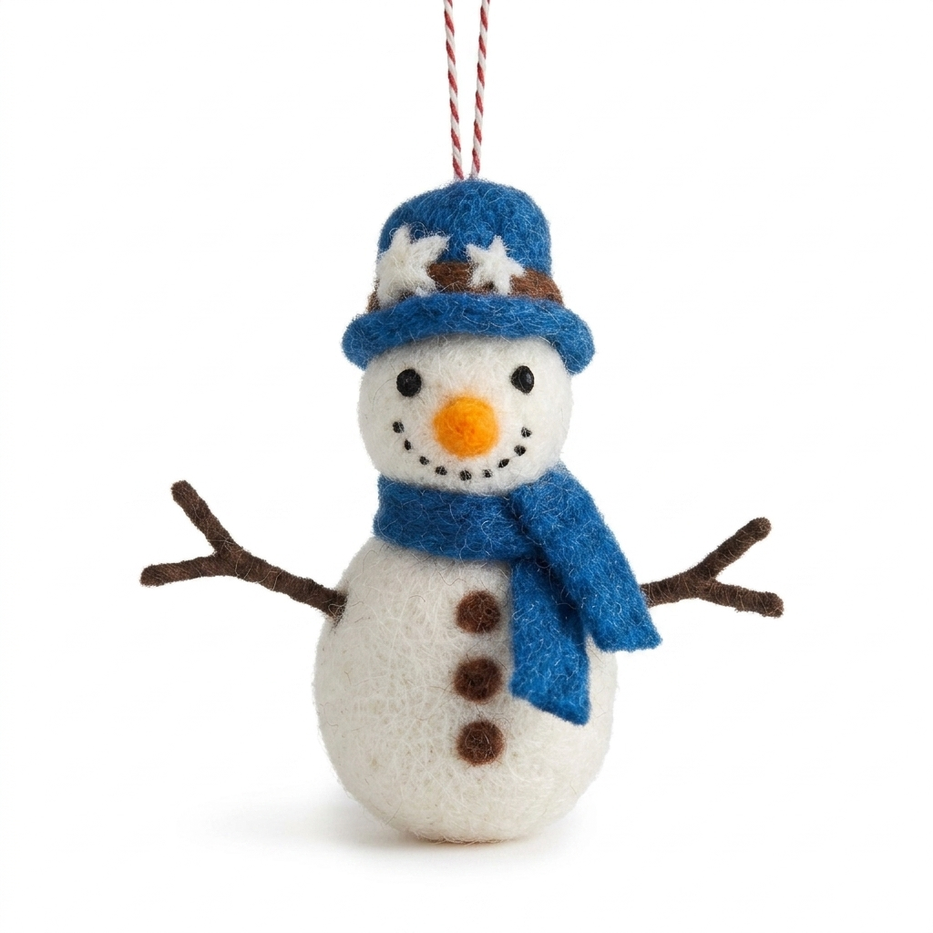 Felt Snowman with Blue Hat Christmas Ornament – Handmade & Shatterproof