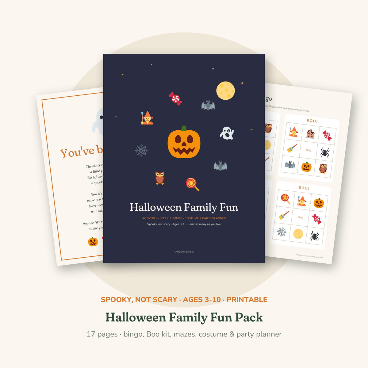 Halloween Family Fun Pack – Kids' Bingo, You've Been Booed Kit, Mazes & Party Planner (Printable)