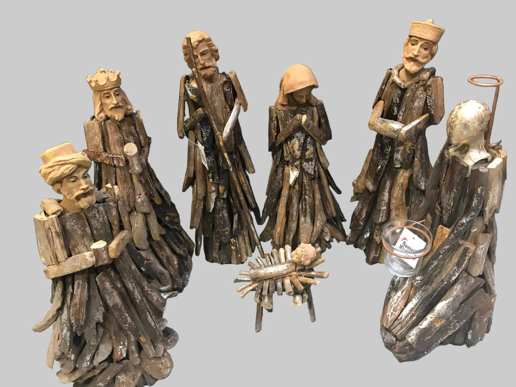 41 cm Driftwood Nativity Set with Angel Candle Holder | Rustic Christmas Décor