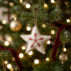 White Star with Red Snowflake Wool Felt Ornament – Handmade & Shatterproof