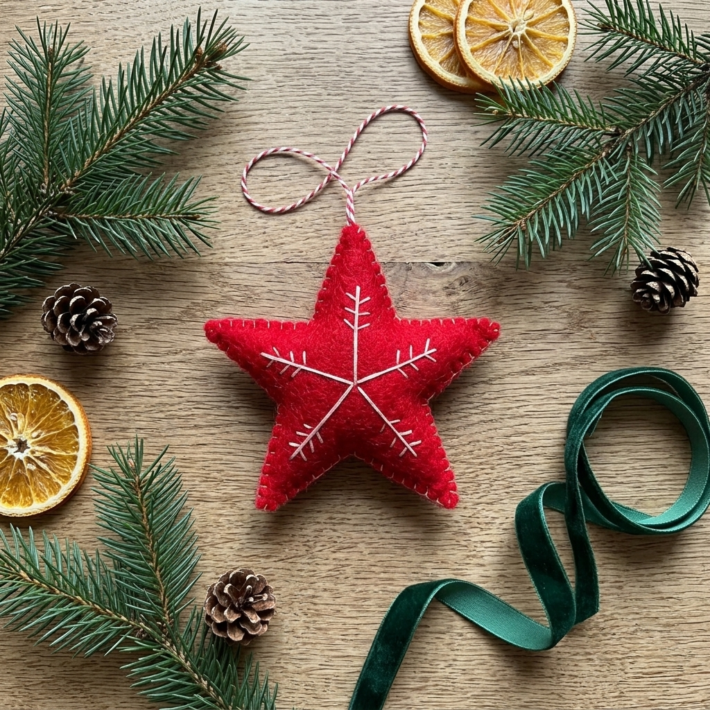 Red Star with White Snowflake Wool Felt Ornament – Handmade & Shatterproof