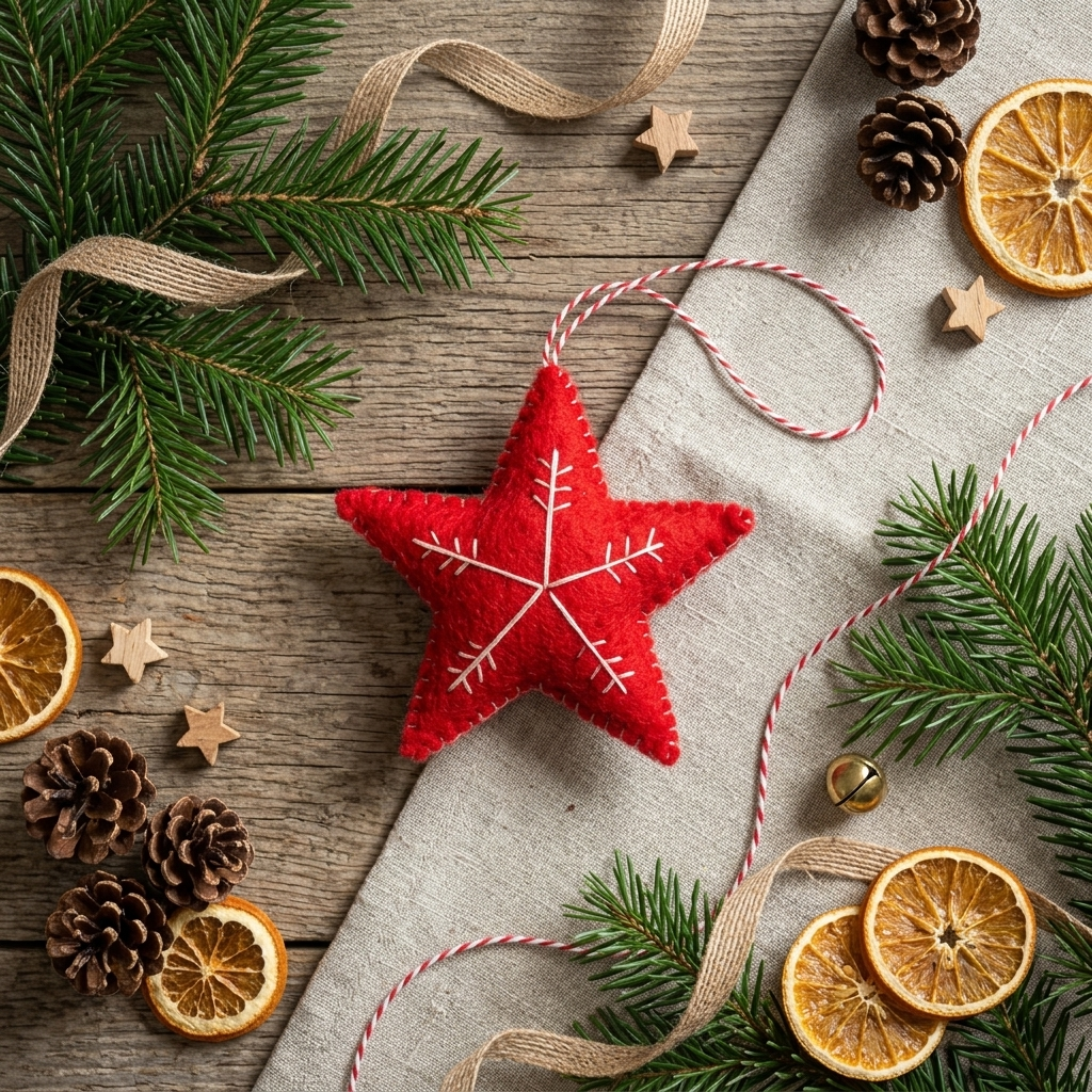 Red Star with White Snowflake Wool Felt Ornament – Handmade & Shatterproof