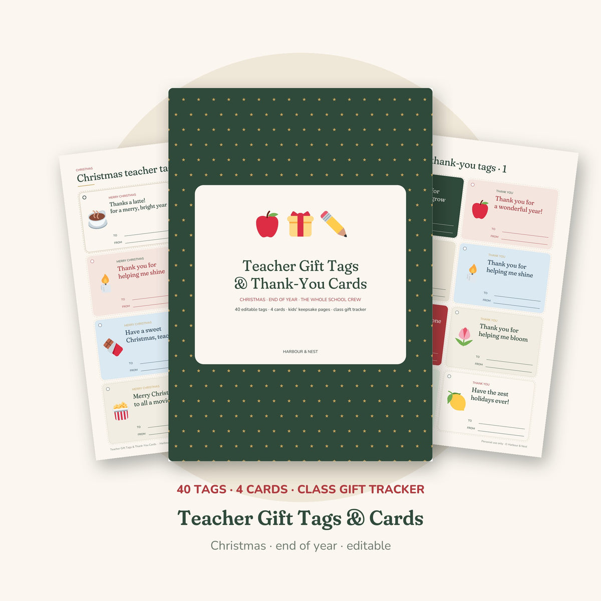Teacher Gift Tags & Thank-You Cards – Editable Christmas & End-of-Year Printable