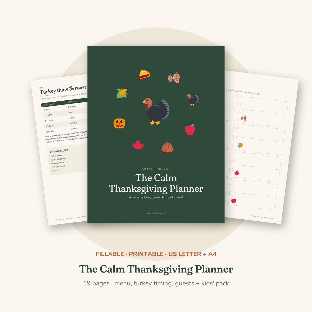 The Calm Thanksgiving Planner – Menu, Turkey Timeline & Kids' Gratitude Pack (Printable)