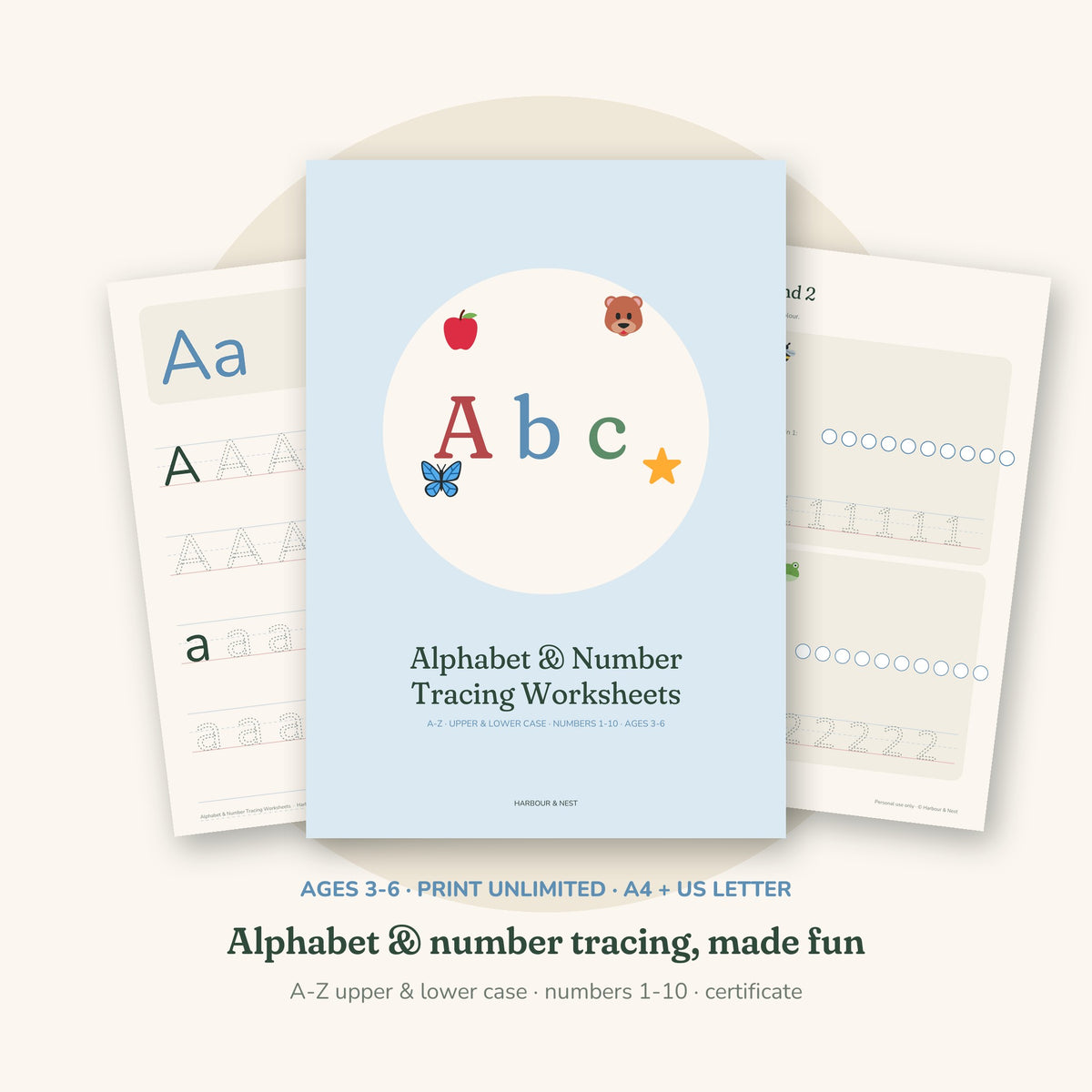 Alphabet & Number Tracing Worksheets – Preschool Printable (Ages 3-6)