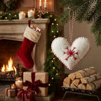 White Heart with Red Snowflake Wool Felt Ornament – Handmade & Shatterproof