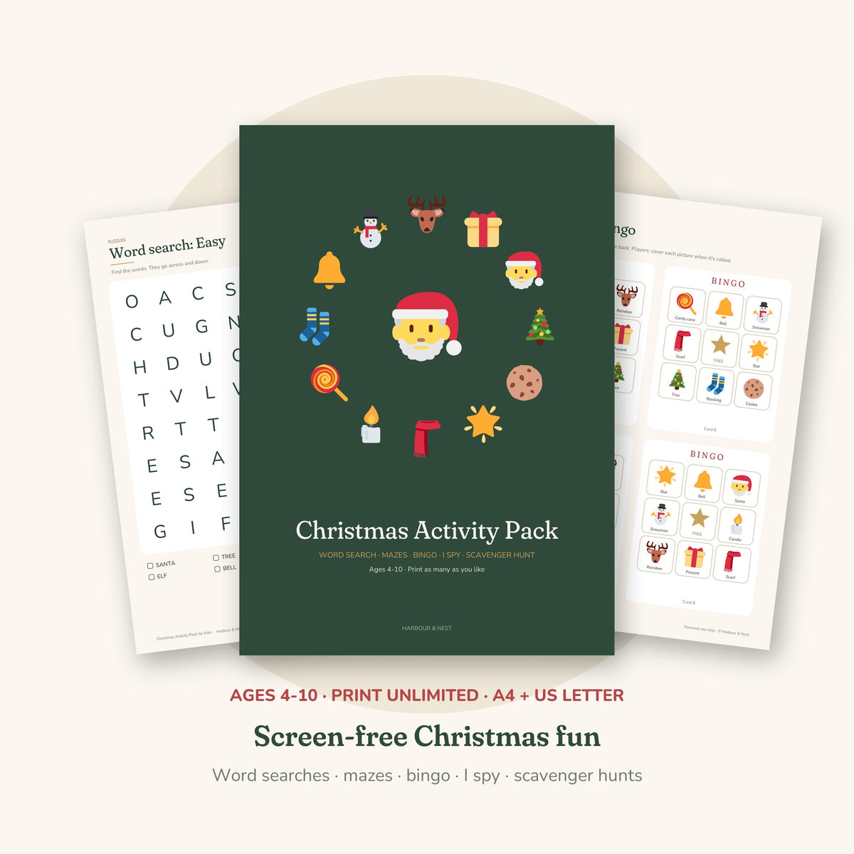 Christmas Activity Pack for Kids – Word Search, Mazes, Bingo & More